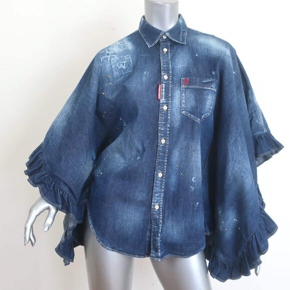 DSquared2 Tops - Dsquared2 Lilou Ruffled Paint-Splattered Denim Shirt Dark Blue Size 38
